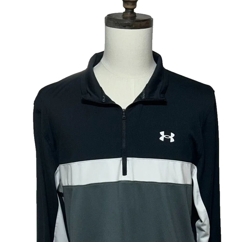 Under Armour Golf Sweater Mens XL Black Gray Colorblock 1/4 Zip Pullover Stretch